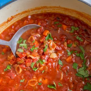 pasta e fagioli soup ladle scooping