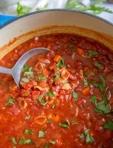 pasta e fagioli soup ladle scooping