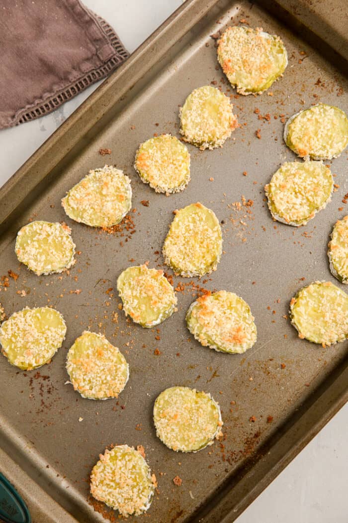 The oven baked pickle chips are football food done light!