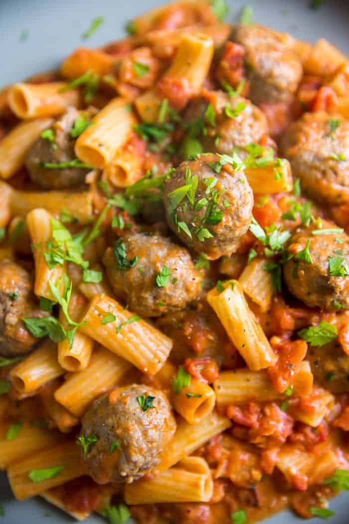 Rigatoni and Meatballs in Vodka Cream Sauce