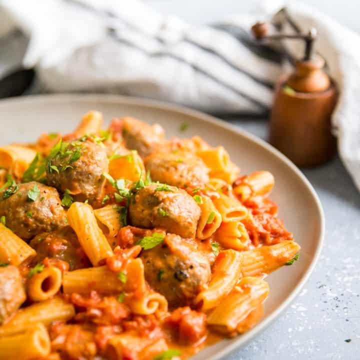 Rigatoni and Meatballs in Vodka Cream Sauce