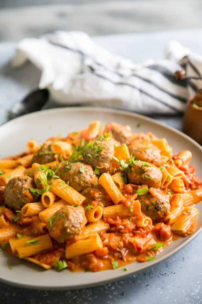 Rigatoni and Meatballs in Vodka Cream Sauce