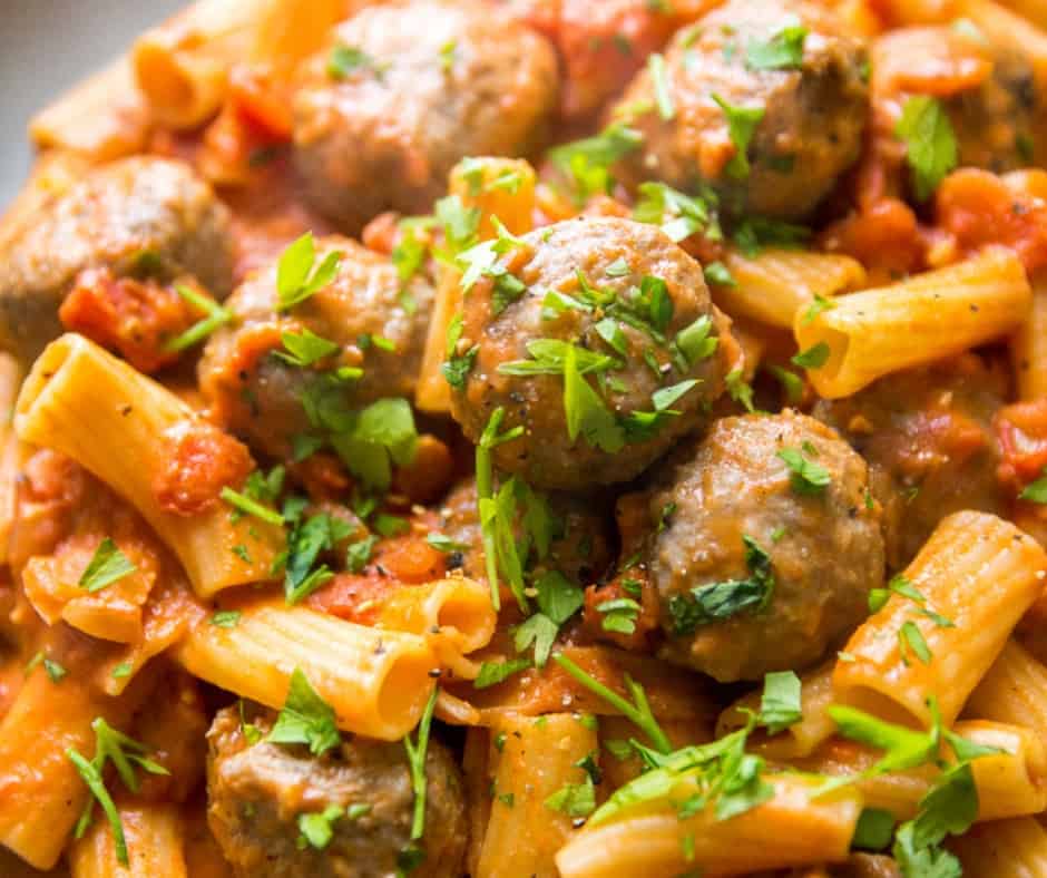 Rigatoni and Meatballs in Vodka Cream Sauce