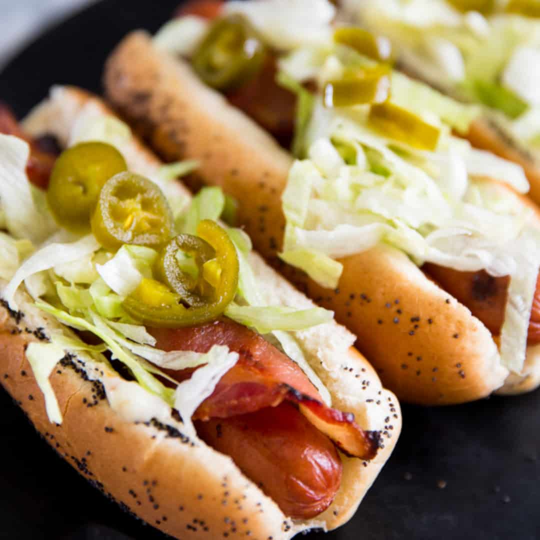 Bacon Wrapped Hot Dogs with Queso